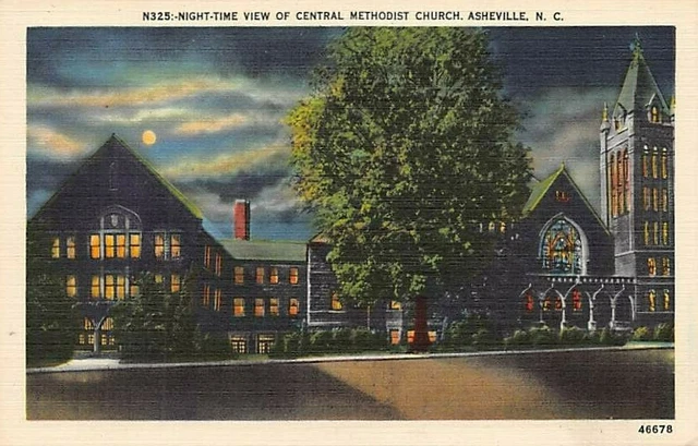 Postcard NC: Night View, Central Methodist Church, Asheville, Linen, Unposted
