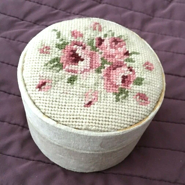 Needlework Embroidered Velvet Pill Trinket Box Vintage Rose Flower