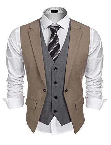 Mens Formal Fashion Layered Vest Waistcoat Dress Vest,Brown,Large