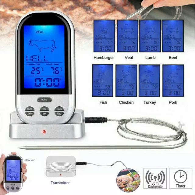 Digitales Bratenthermometer Funk Grillthermometer Fleisch-Thermometer Wireless~