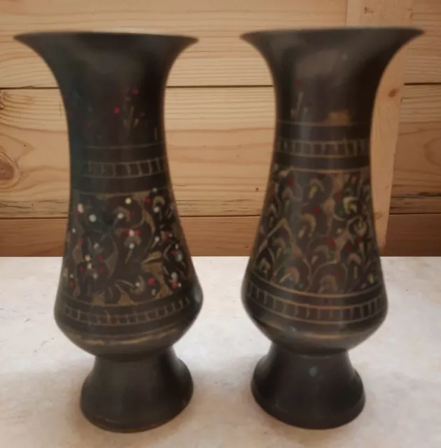 Vintage Brass Pair Of Vases Brass Is Black With Etchings.