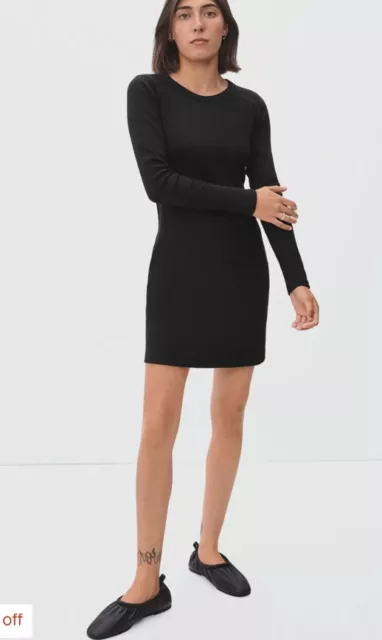 Everlane The Ribbed Mini Dress Black Organic Cotton Long Sleeve Size XS Nwot