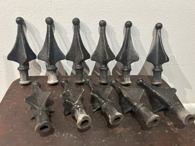 Vintage Lot of 11 Cast Iron Ornate Gate Fence Post Flag Top Topper Spike Finials