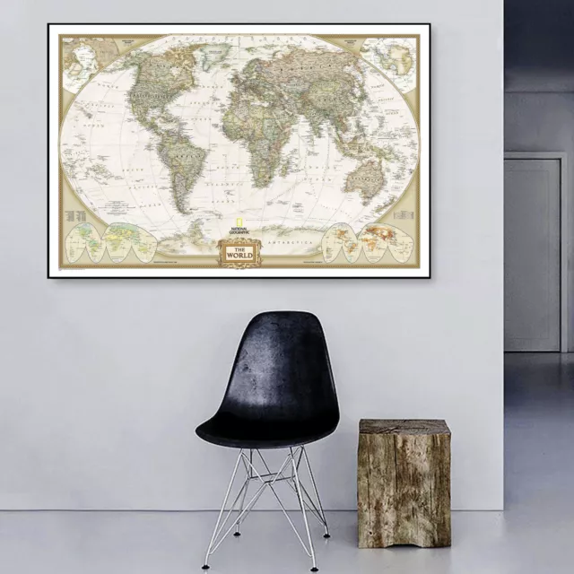 Vintage World Map Stretched Framed Canvas Detailed Australia Waterproof Map wall