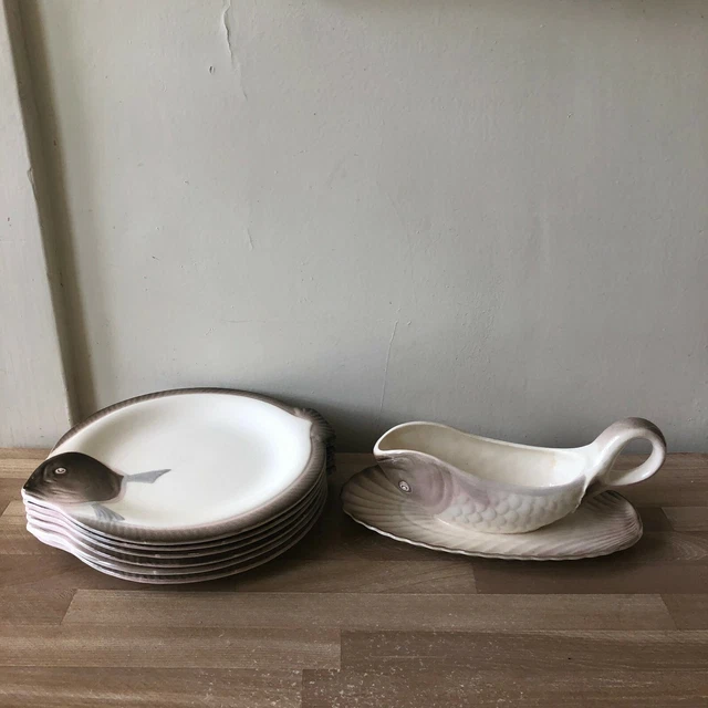 Lovely LONGWY France Majolica Fish Service Sauce Boat + 6 Dinner Plates