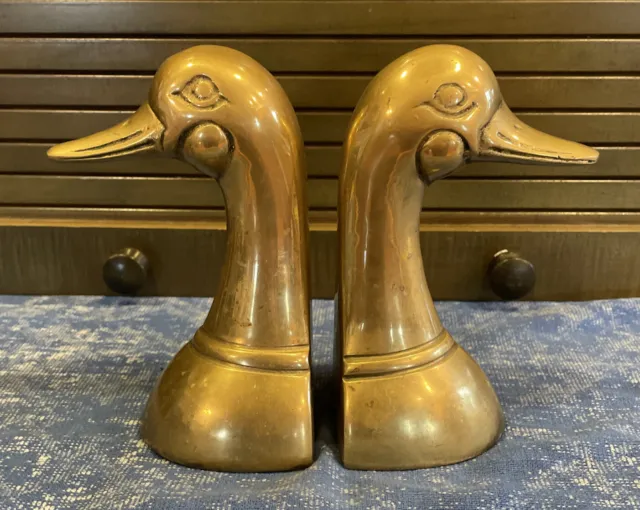 Vintage Brass Bookends Mallard Duck Head Solid Heavy Made in Korea 6.5" Clean