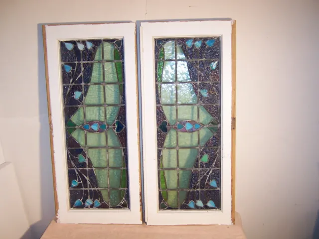 Pair Antique Architectural Leaded Stained Glass Transom Windows