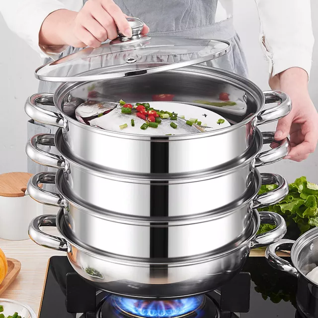 28cm 4 Tier Vegetable Steamer Pan Set Food Stainless Steel Pot Cooking Glass Lid