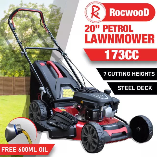 Petrol Lawnmower Self Propelled RocwooD 173cc 20" Mower Mulching Plus FREE Oil