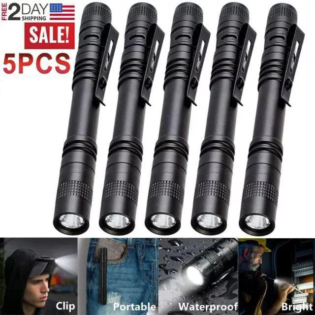 5PCS LED Flashlight Portable Pen Torch Lamp Clip Mini Light Penlight Waterproof