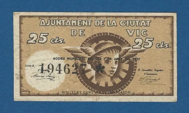 Ajuntament De La Ciutat De Vic -- 25 Centimos ( 1937 ) -- Ebc -- 1ª Emision .