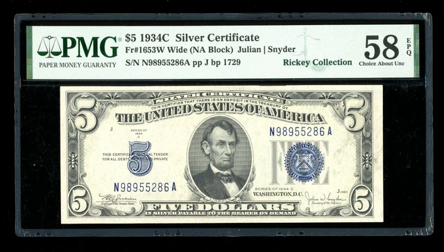 DBR $5 1934-C Silver Fr. 1653W NA Block Wide PMG 58 EPQ Serial N98955286A