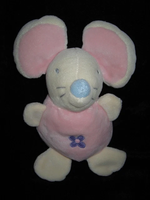 Doudou Hochet Grelot Petite Souris Rose Ajena 18 cm fleur brodée