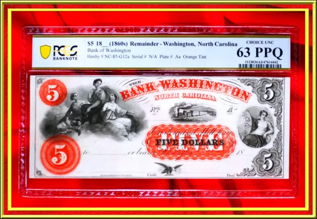 INA North Carolina Bank of Washington $5 US Obsolete Currency Note PCGS 63 PPQ