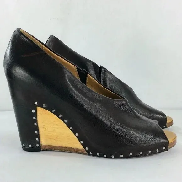 Maison Martin Margiela Wedge Shoes Leather Wood Peep Toe Pump Silhouette  Sz 7