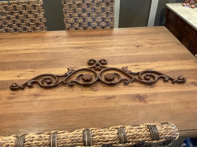 Large!  34 1/2” Vtg Heavy Cast Iron Door/ Wall Pediment - Floral Scrollwork