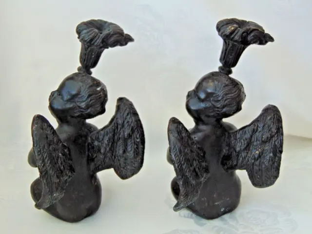 Pair Antique 19th C Bronze Winged Putti Cherub Figures Sculptures with Torch 3