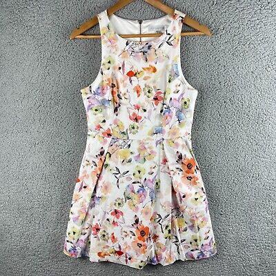 Forever New Dress Womens 10 White Floral A Line Short Sleeveless Zip Round Neck
