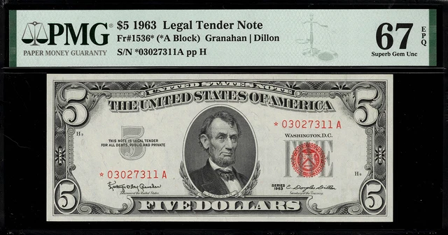 1963 $5 Legal Tender FR-1536* - STAR NOTE - PMG 67 EPQ - Superb Gem Uncirculated