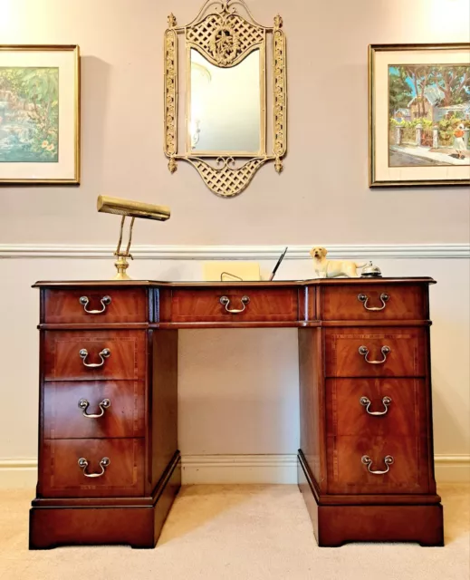 A stunning Strongbow, antique Georgian style, Flame Mahogany twin pedestal desk