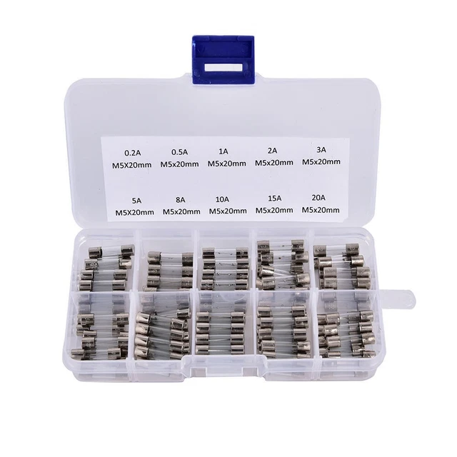 Kit de fusibles en verre Premium 100 pièces 5 x 20 mm soufflage rapide 250 V au