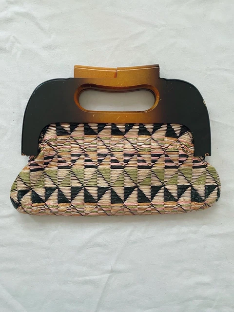 Borsa a mano vintage in paglia manico in legno