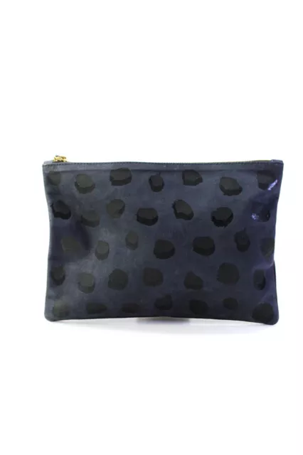 Clare V Womens Spotted Printed Leather Zip Top Flat Pouch Clutch Handbag Navy