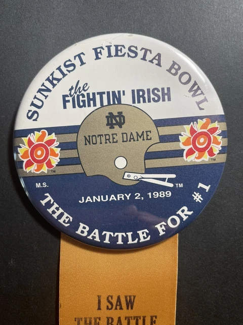 1988-1989 Notre Dame Fiesta Bowl Champs 3.5” Button Pin Ticket holder Lou Holtz 1988-1989 Notre Dame Fiesta Bowl Champs 3.5” Button Pin Ticket holder Lou Holtz