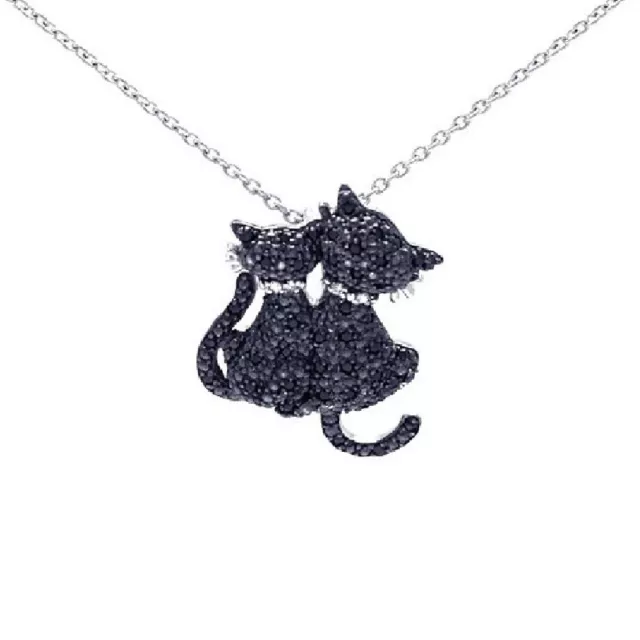 Collar de Plata de Ley Con / Cz Negro Piedras Kitty Colgante de Gato