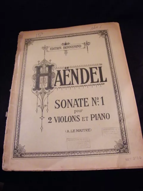 "Partition Haendel Sonate N°1 pour 2 Violons et Piano A Lemaitre"