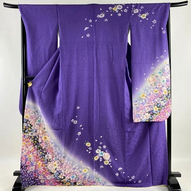 Woman Japanese Kimono Furisode Silk Mari Cherry Blossom Purple