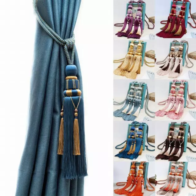 2PCS Curtain Holdbacks Rope Tieback Tassel Tie Backs Beaded Ball Room Home Decor