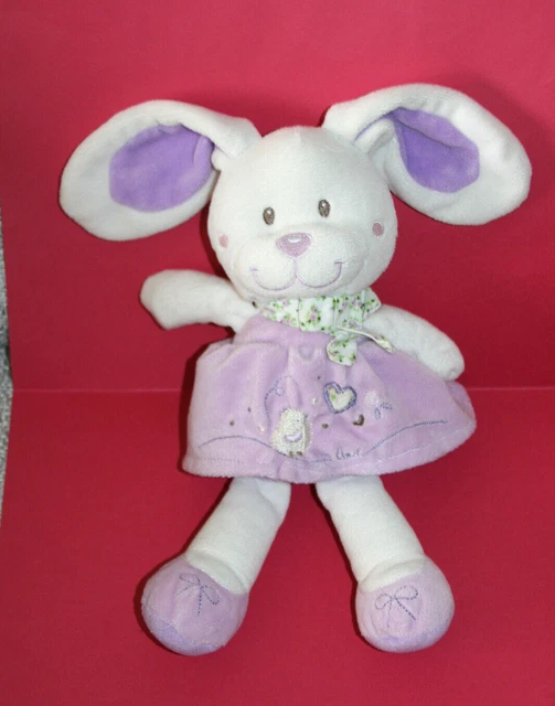 Tex Baby Doudou Peluche Lapin Blanc Mauve Robe Mauve Oiseau Coeur Love Exceletat