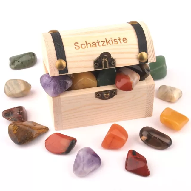 Schatzkiste + 200 g bunte Edelsteine Ø 20 - 35 mm Piraten Schatztruhe aus Holz