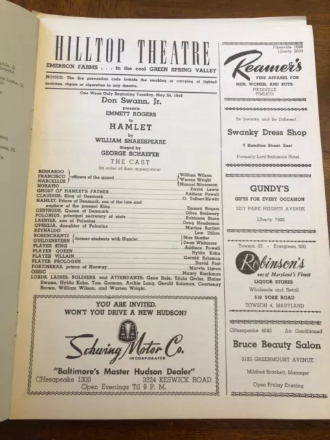 Hamlet Hilltop Theatre MD 1949 Emmett Rogers David Lewis Bartlett George Schafer 2