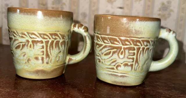 VTG/MCM (3) Frankoma “MAYAN-AZTEC 7C” PRAIRIE GREEN Teacup/Mug/Cup Sapulpa Clay