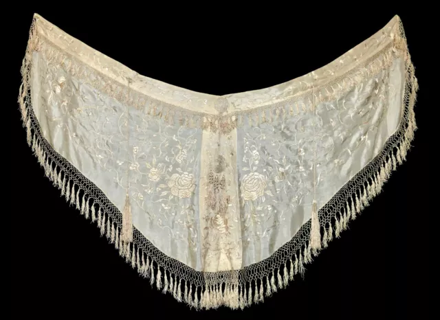Art Deco Hand Embroidered Bone Off-White Cream Silk & Tassels Wedding Cape Shawl