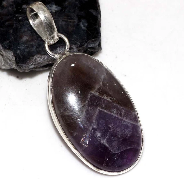 925 Silver Plated-Banded Amethyst Ethnic Gemstone Handmade Pendant Jewelry 2" JW