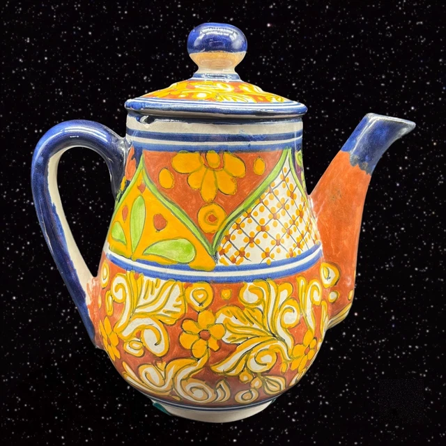 Vintage Talavera Teapot Mexico Folk Art Pottery Hand Painted Tonala 9”T 4”W