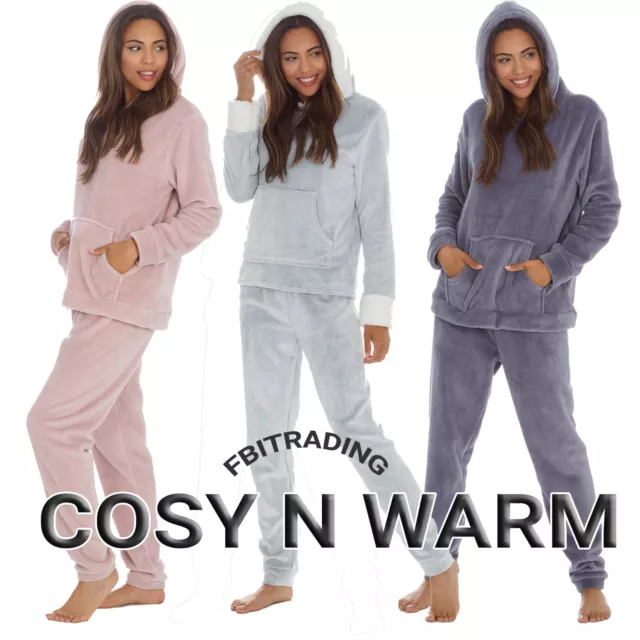 Ladies Pyjamas Set Nightwear PJS soft Hooded fleece loungewear winter warm