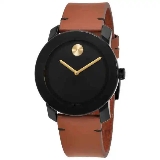 Movado Bold Black Museum Dial Brown Leather Strap Men's SWISS Watch 3600305