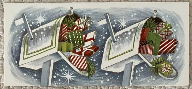 Unused Christmas Two Mailboxes Presents Vintage Greeting Card 1960s 1970s