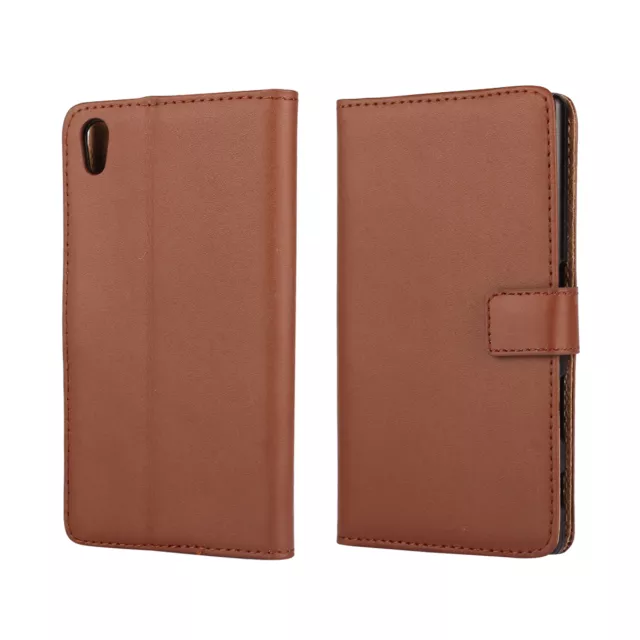 For Sony Xperia Z3 Brown Genuine Leather Business Wallet Card Case Cover Stand