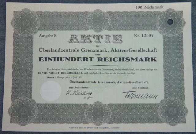 Überlandzentrale Grenzmark, Aktien-Gesellschaft 1931 100 RM