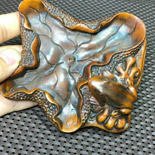 Old Boxwood Collectible Chinese Lotus Leaf & Frog Writing-Brush Washer Statue C