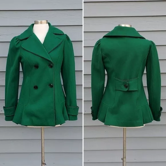 Vintage y2k Steve Madden Kelly Green Pleated Riding Jacket Peacoat Pea Coat Sm