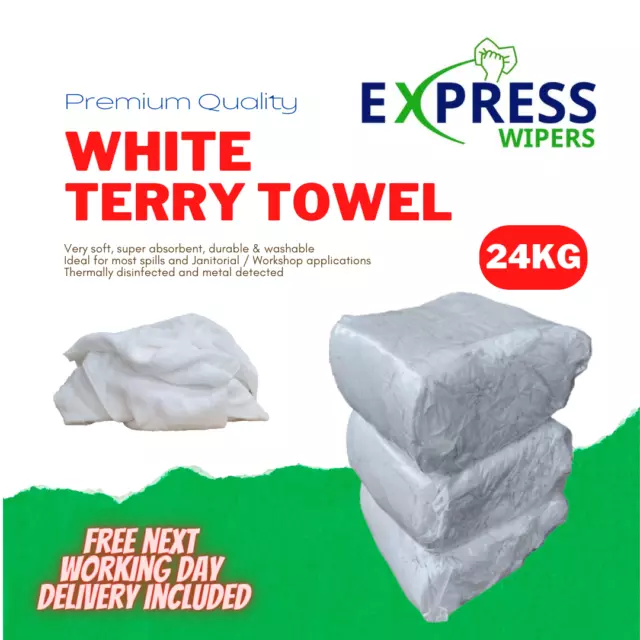 24kg (3 x 8kg Bags) White Terry Towel Cleaning Rags Wipers Cloths Bundle