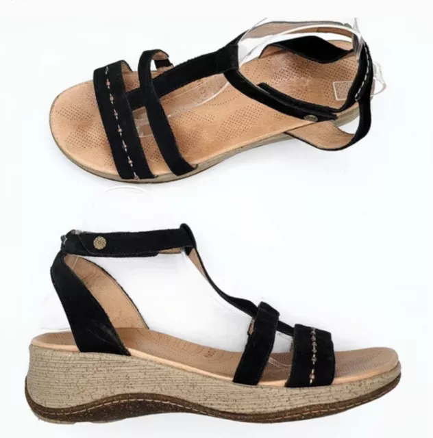 Acorn Women's VISTA Wedge T-Strap Black Suede Sandals size 8