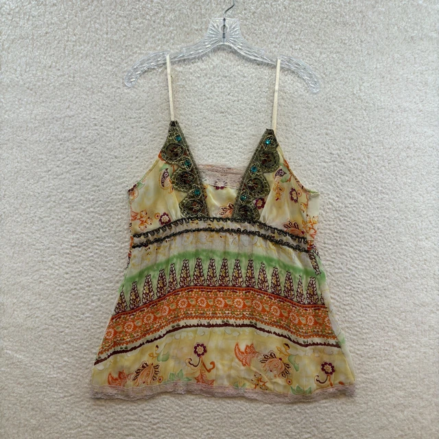 Y2K VINTAGE BOHEMIAN Grunge Camisole Babydoll Top XL Mesh Floral Sequin