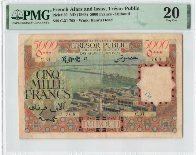 FRENCH AFARS and ISSAS 5000 Francs 1969, P-30, Rare Note, Djibouti, PMG 20 VF.